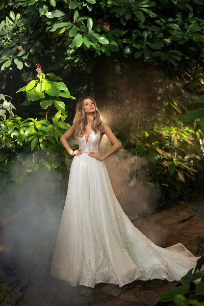 Made To Order #Eliza - Whimsical V Neckline Wedding Gown with Silver Thread Lace A-Line