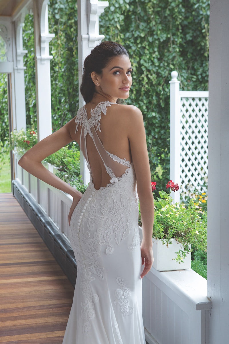 High Neckline Stretch Lace Wedding Dress - #11055