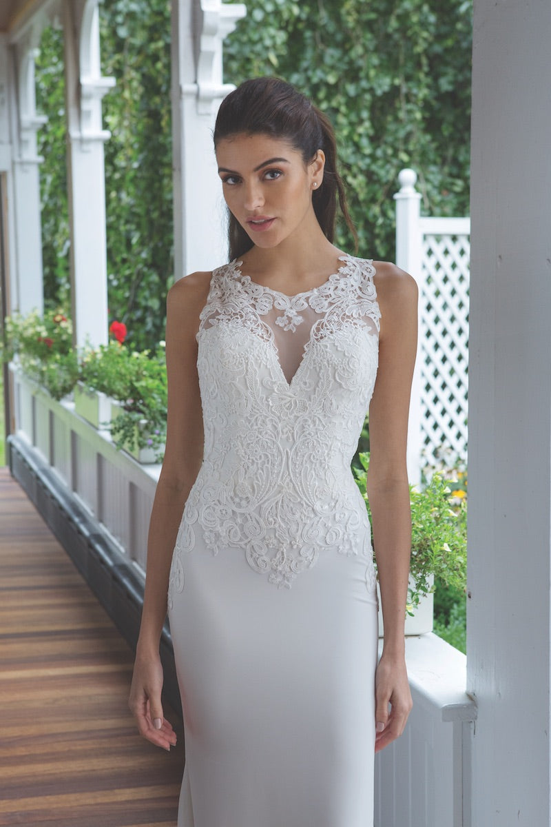 High Neckline Stretch Lace Wedding Dress - #11055