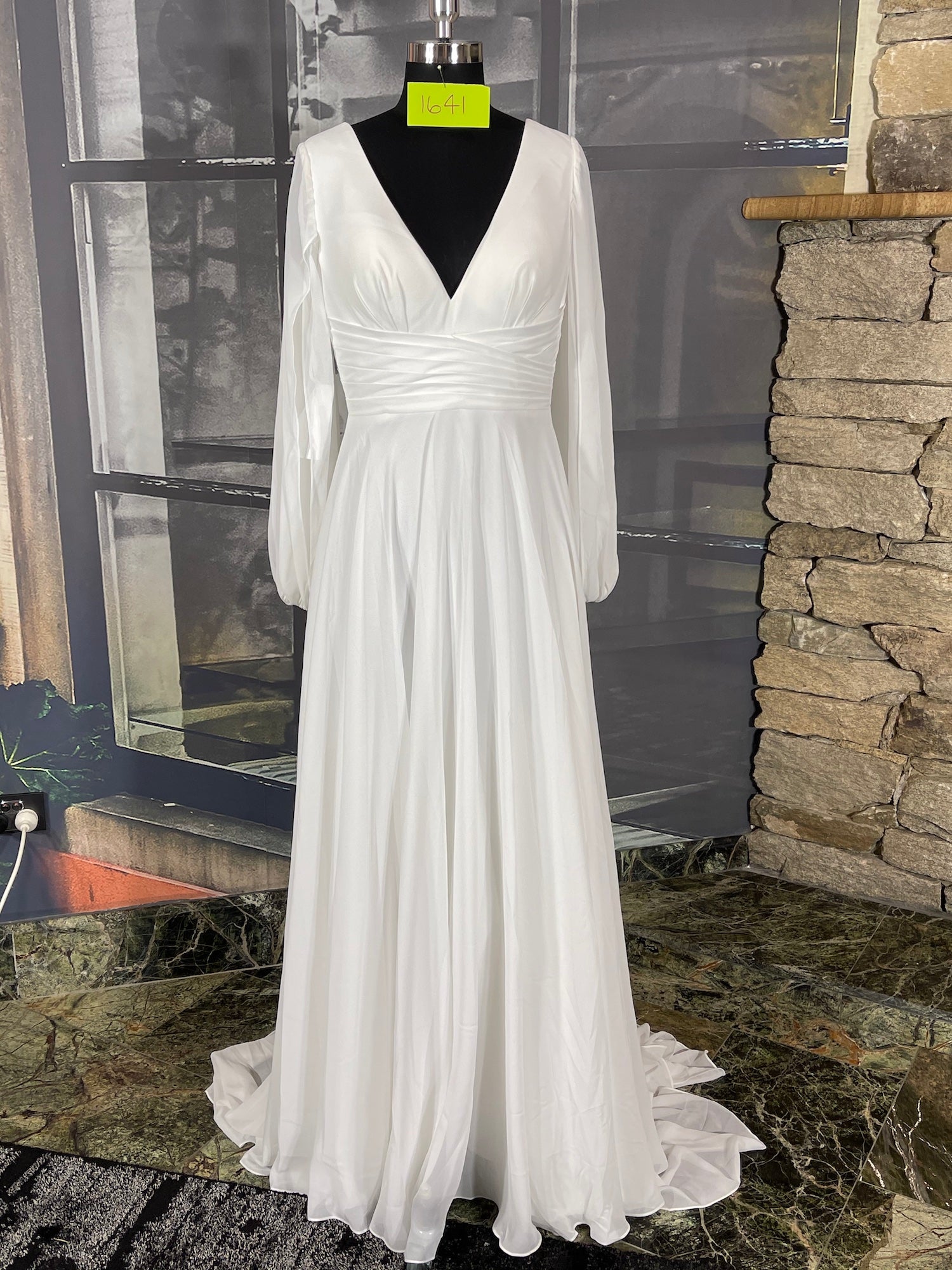 Elegant Ivory Chiffon Empire Line Wedding Dress with Split Bishop Slee Elegant Ivory Chiffon Empire Line Wedding Dress with Split Bishop Slee
