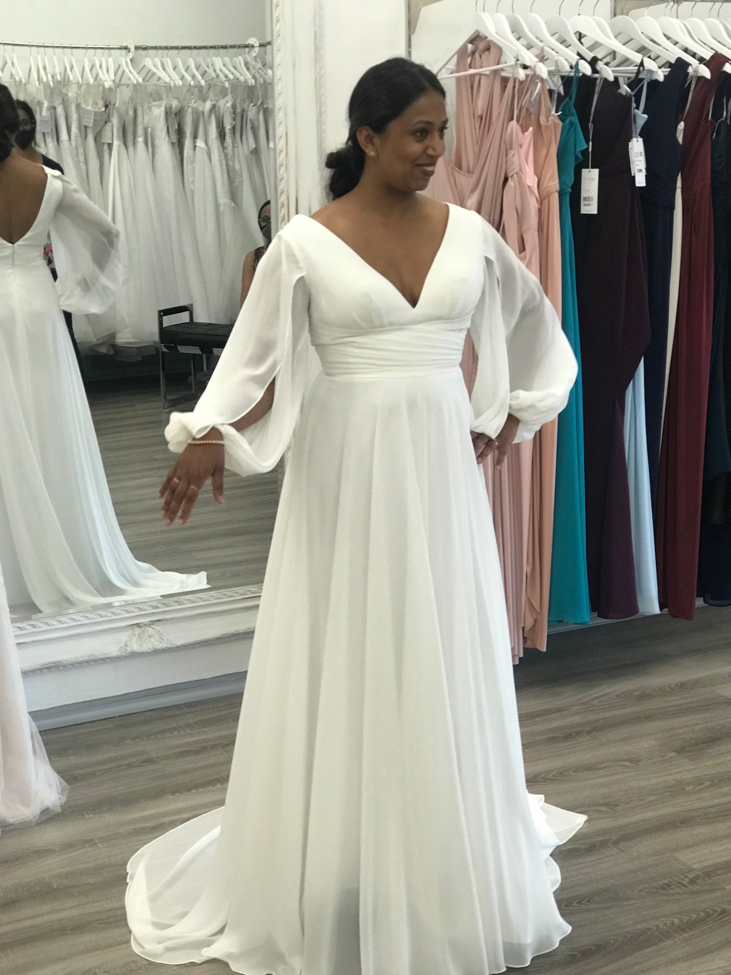 Elegant Ivory Chiffon Empire Line Wedding Dress with Split Bishop Slee Elegant Ivory Chiffon Empire Line Wedding Dress with Split Bishop Slee