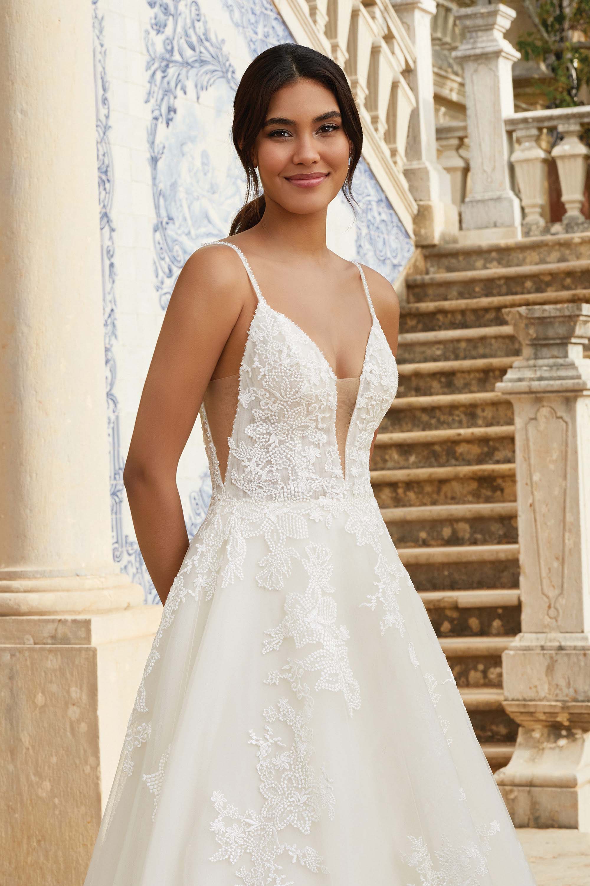 Plunge V-Neckline Low V-Back Tulle Ball Gown with Lace Motifs Wedding Dresses Online -  #44108