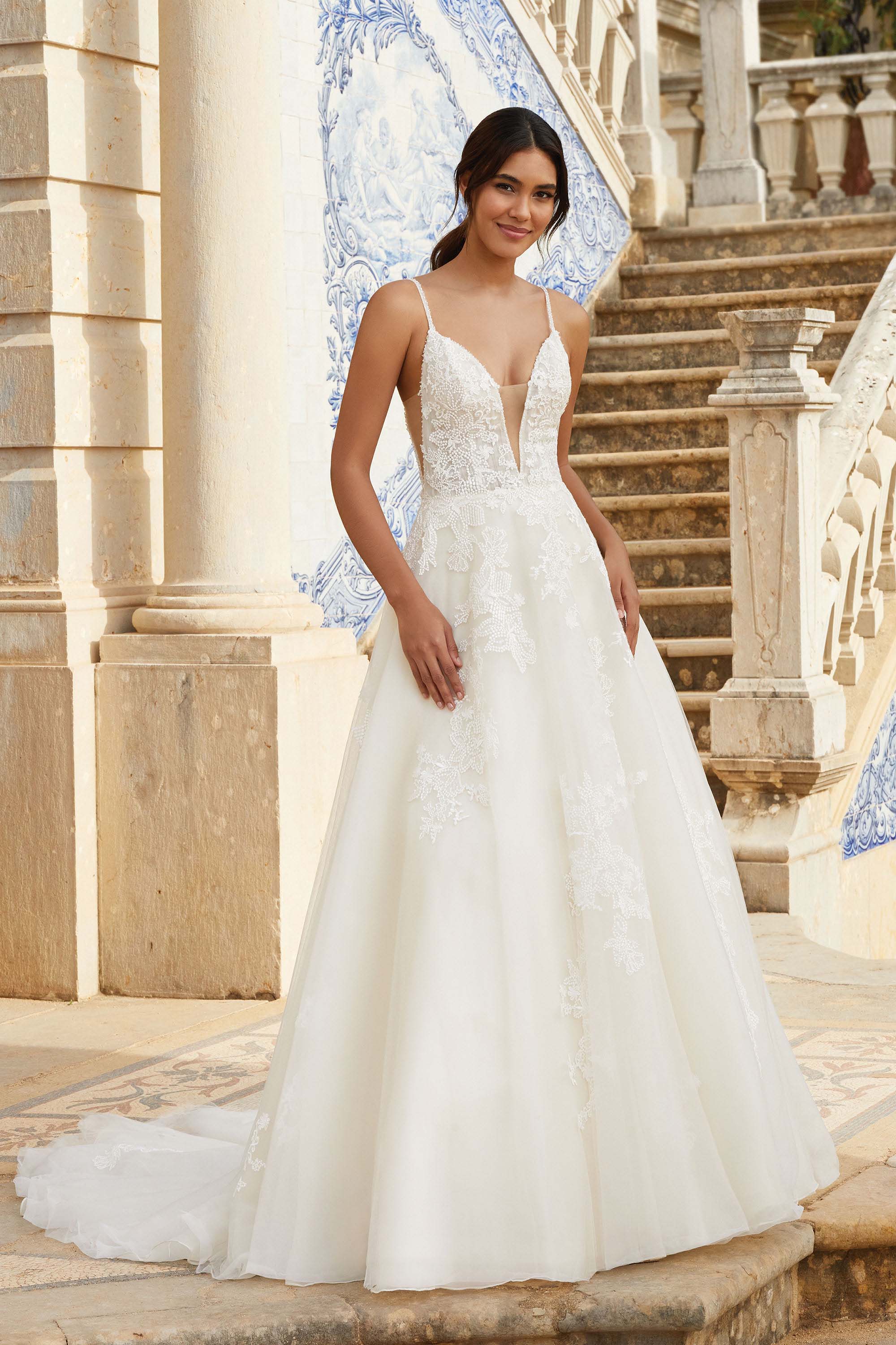 Plunge V-Neckline Low V-Back Tulle Ball Gown with Lace Motifs Wedding Dresses Online -  #44108