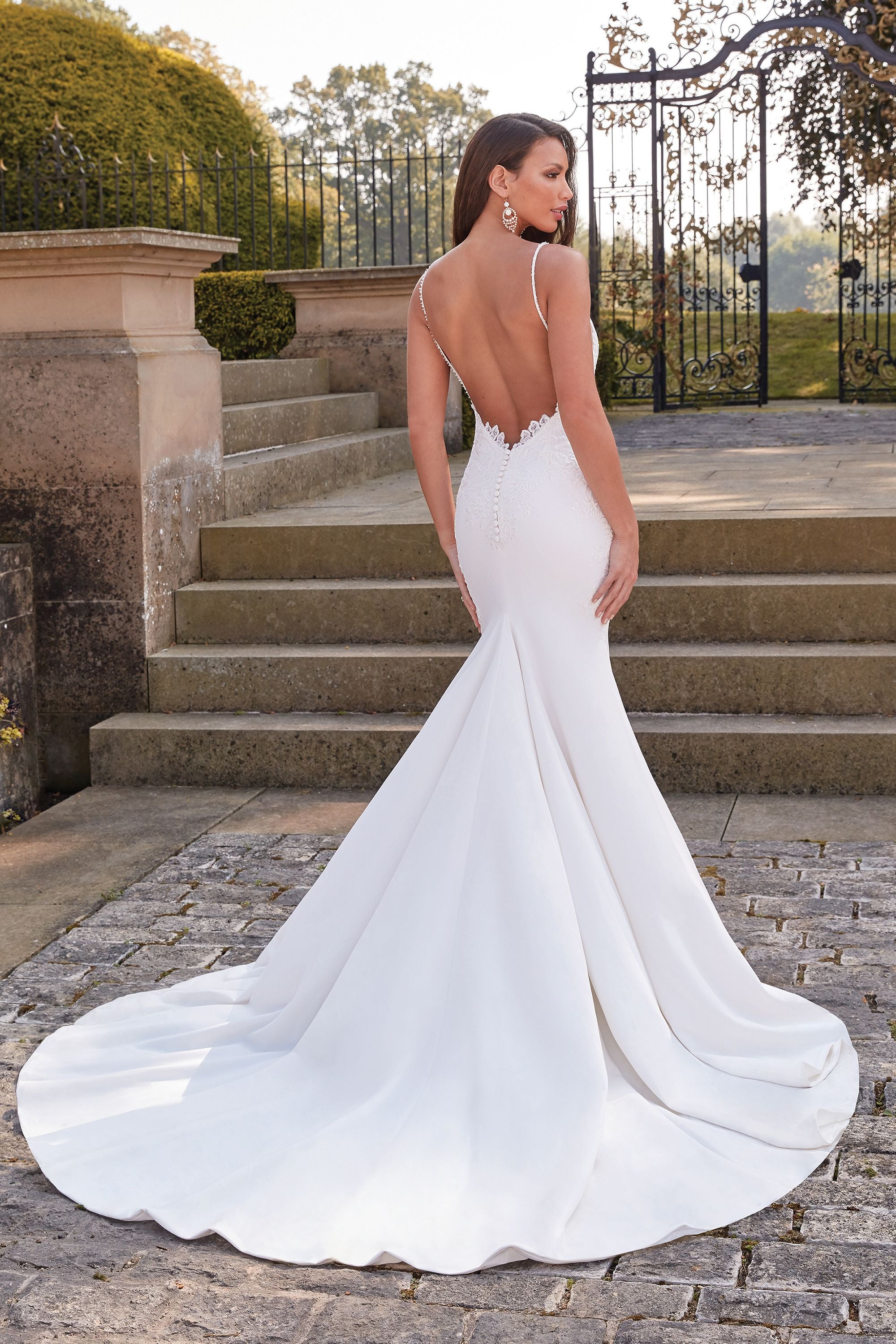 Show Sample: #44329 - Elegant Ivory Lace Trumpet Wedding Dress with Bikini Bodice & Shoestring Straps