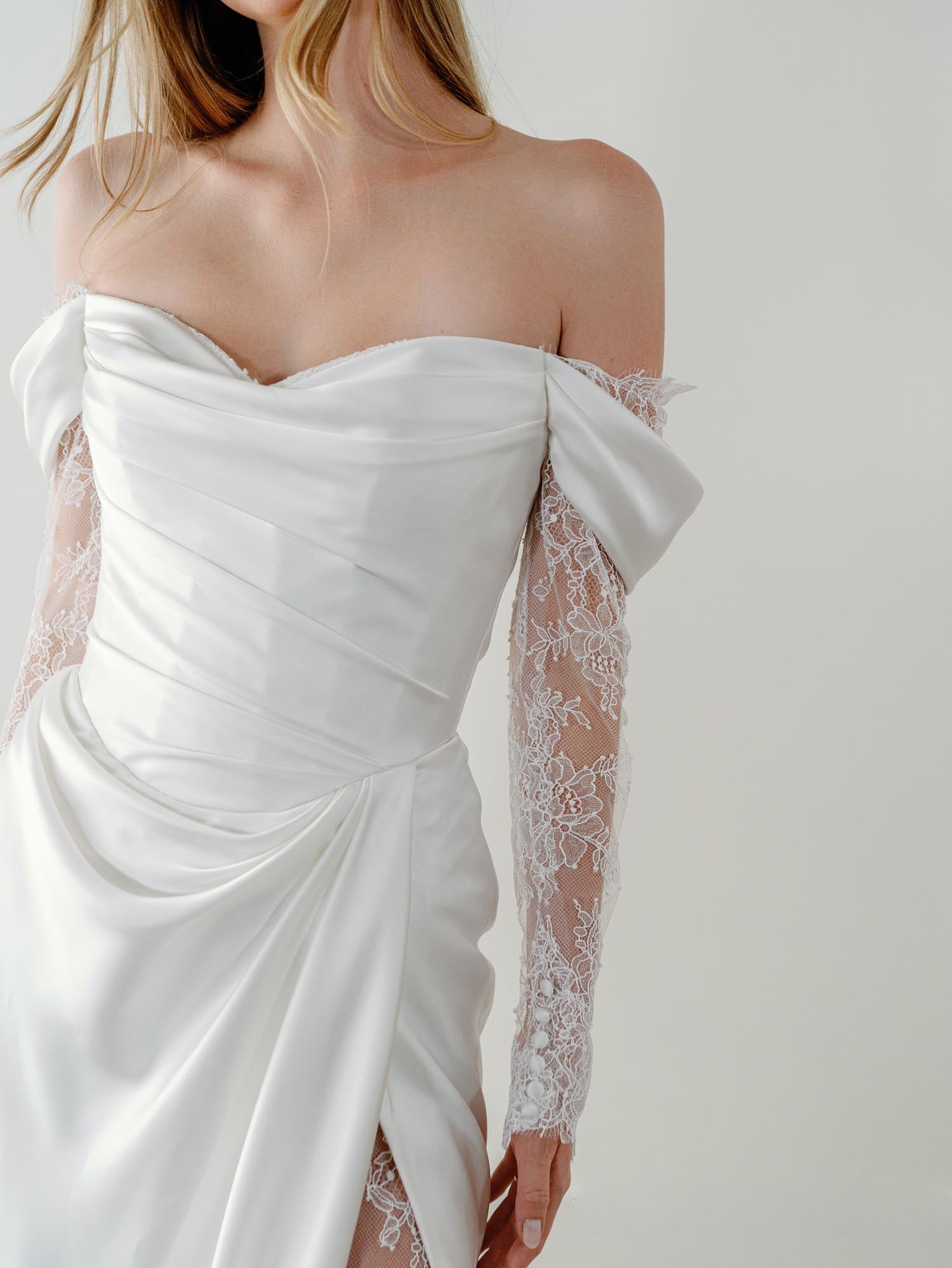 Expo Sample: Chemuse Satin with Leg Split, Lace insert. Off the Shoulder with Lace Sleeves #Harlow