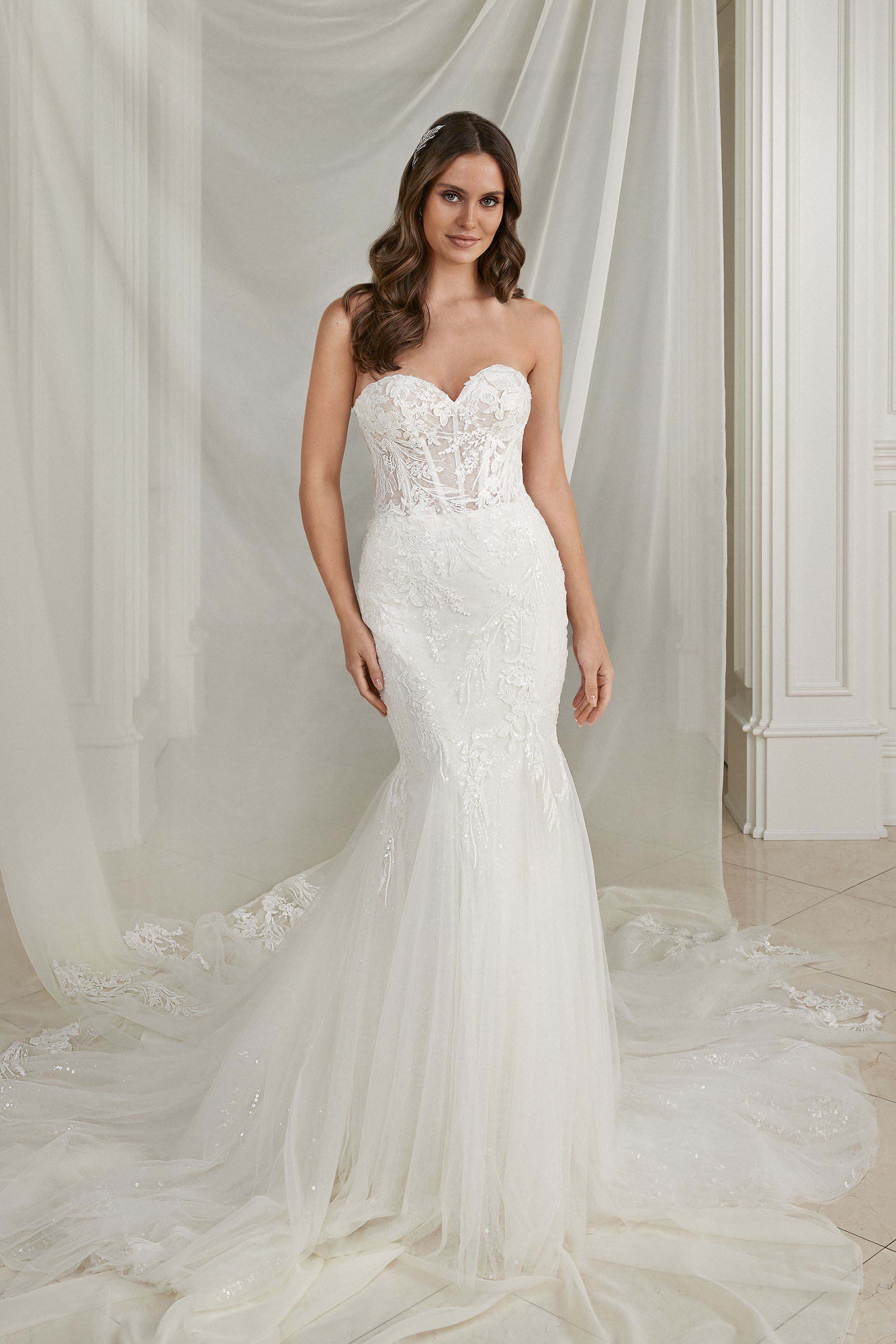 Show Sample: #88272 (ELORA) - Stunning Strapless Lace with Sparkle Justin Alexander Wedding Gown