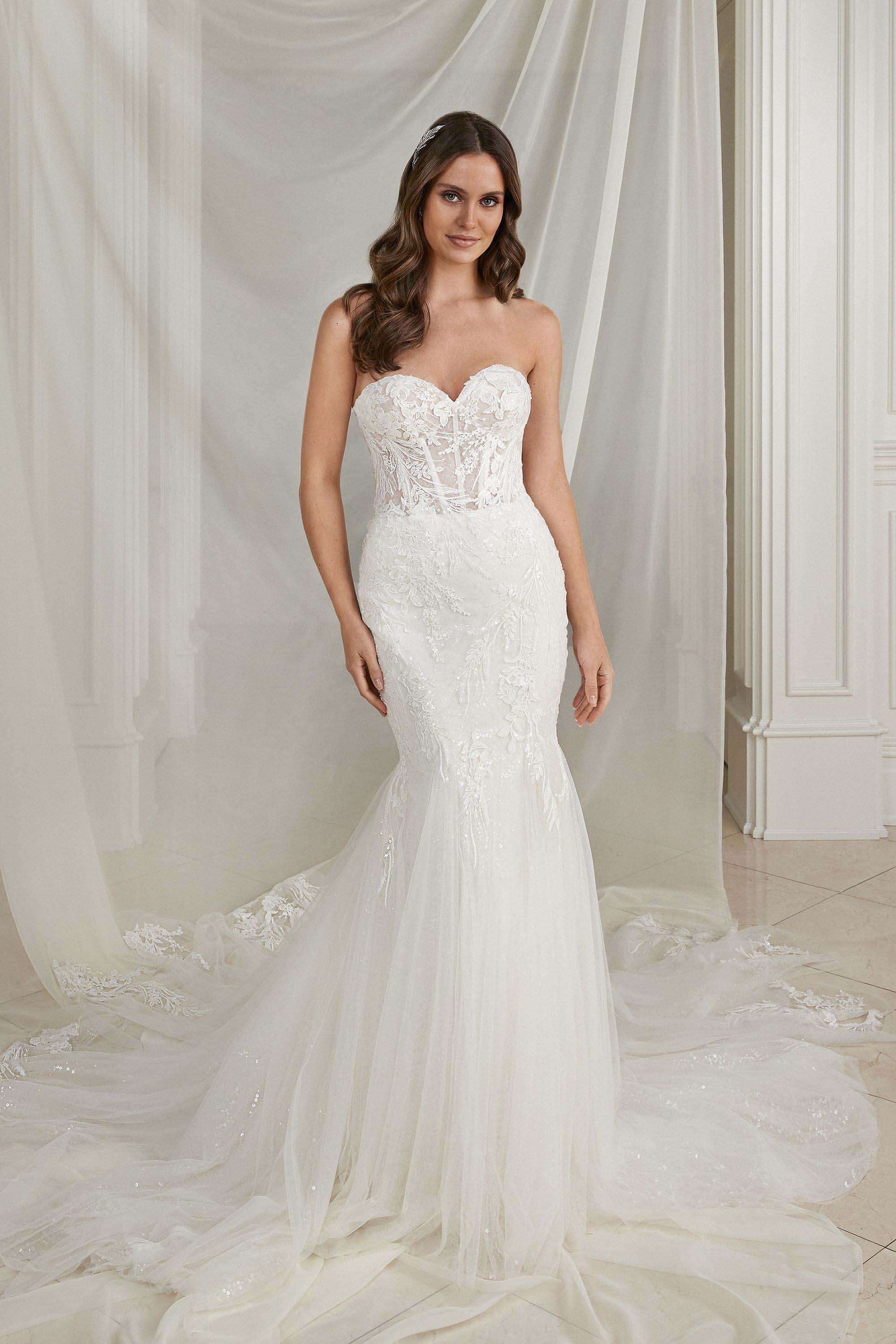 Show Sample: #88272 (ELORA) Elegant Lace Trumpet Wedding Dress with Sp
