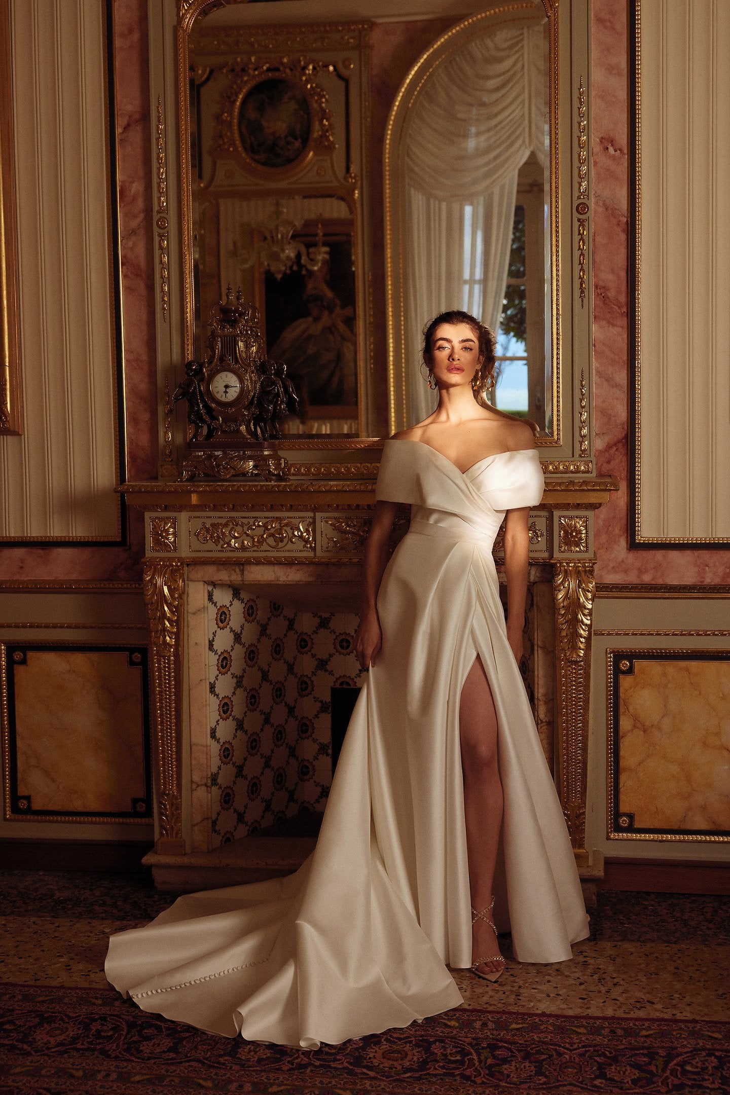 Expo Sample: Harper 88354 by Justin Alexander. Mikado pleated A-Line Skirt with Off The Shoulder Bodice