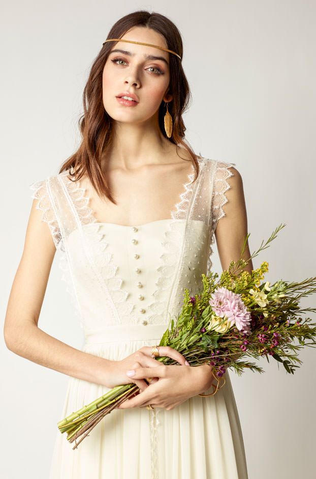 Rembo Styling Cream Silk Empire Line Wedding Dress with Lace Rembo Styling Cream Silk Empire Line Wedding Dress with Lace