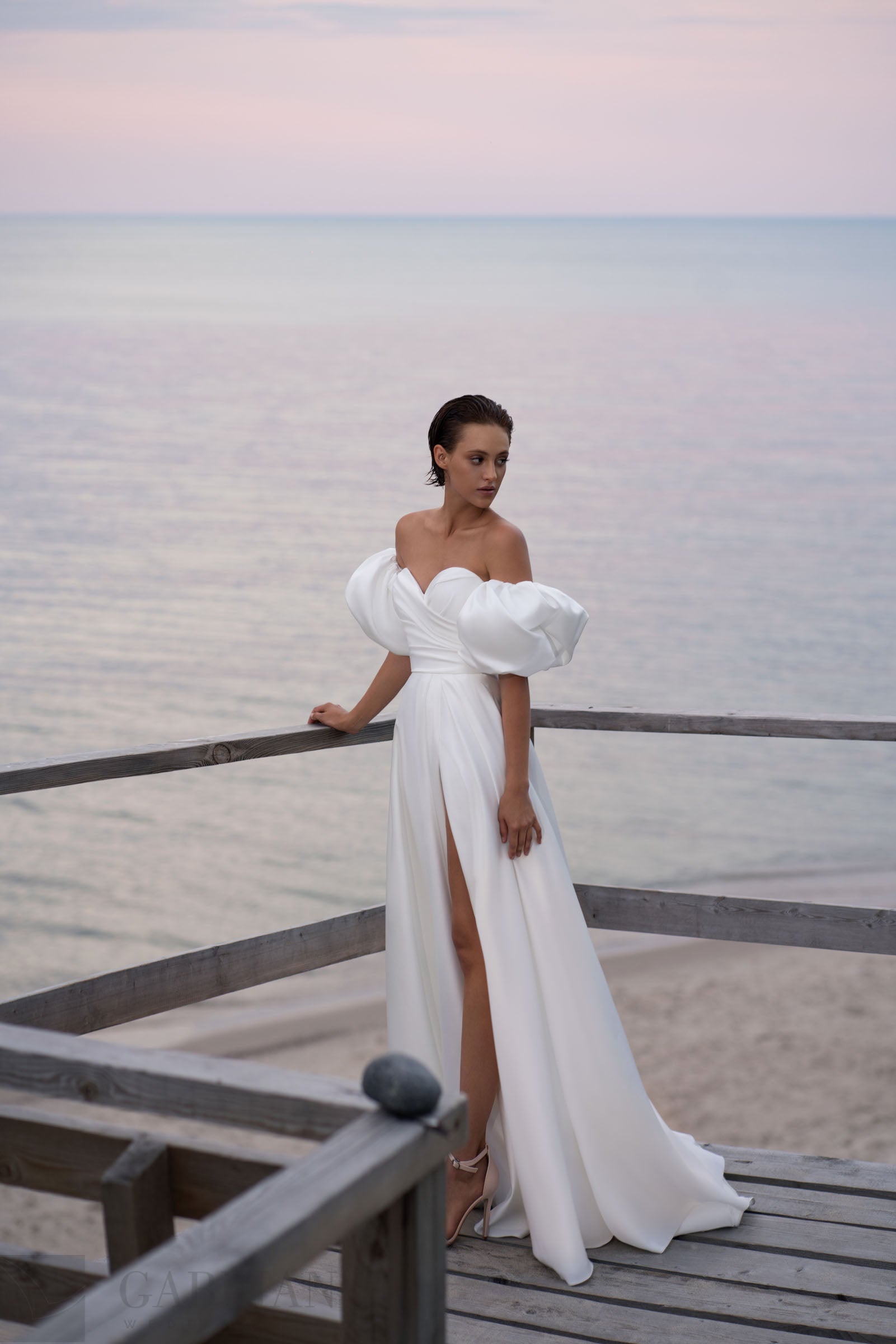 *NEW* Satin Strapless Ivory Dress with Detachable Puff Sleeves - #G1250