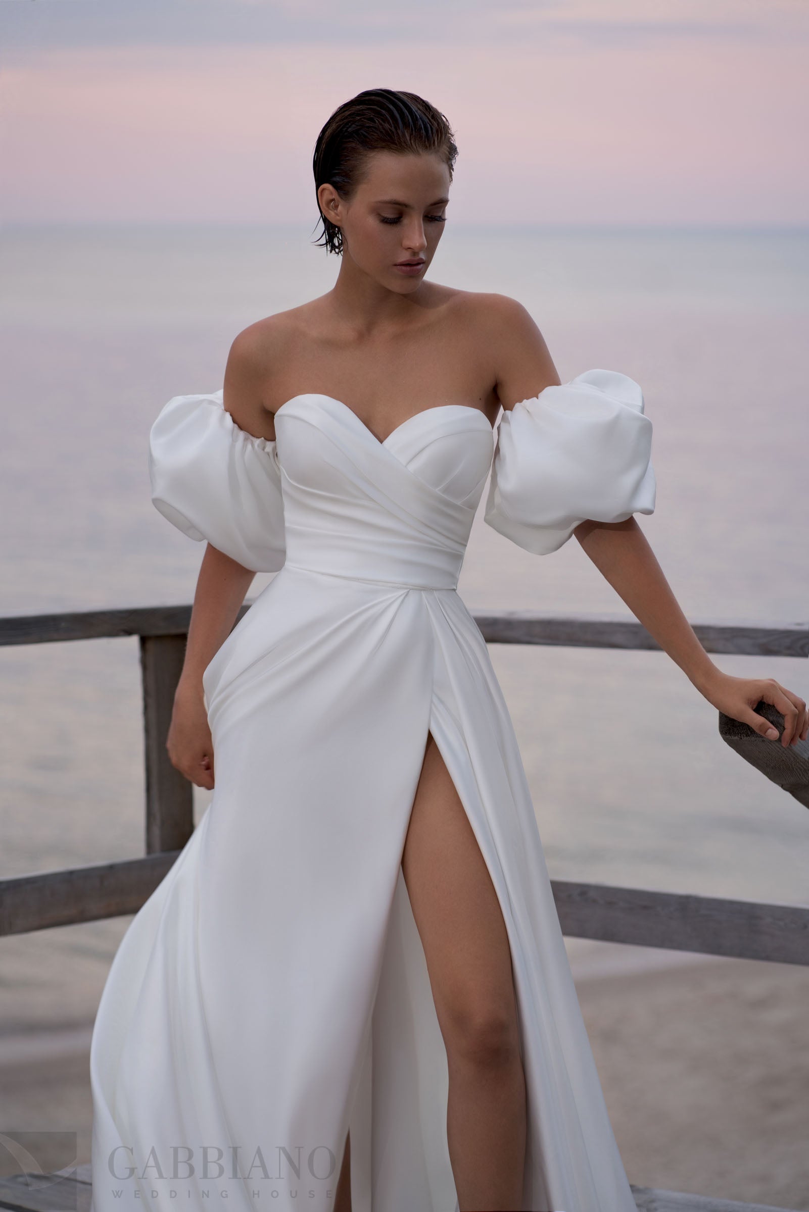 *NEW* Satin Strapless Ivory Dress with Detachable Puff Sleeves - #G1250