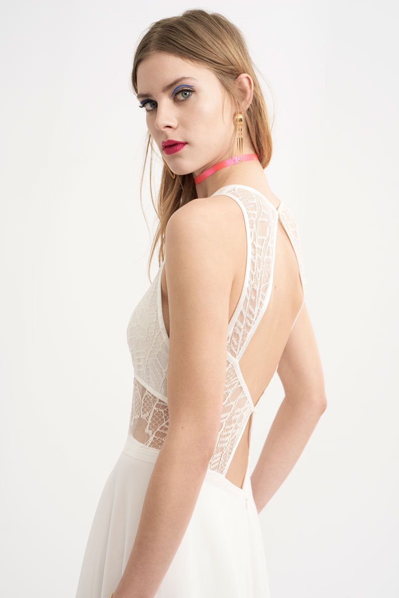 Rembo Styling High Illusion Lace Neckline with Low Cutout Back Wedding Dresses Online - #Lil Love Bug