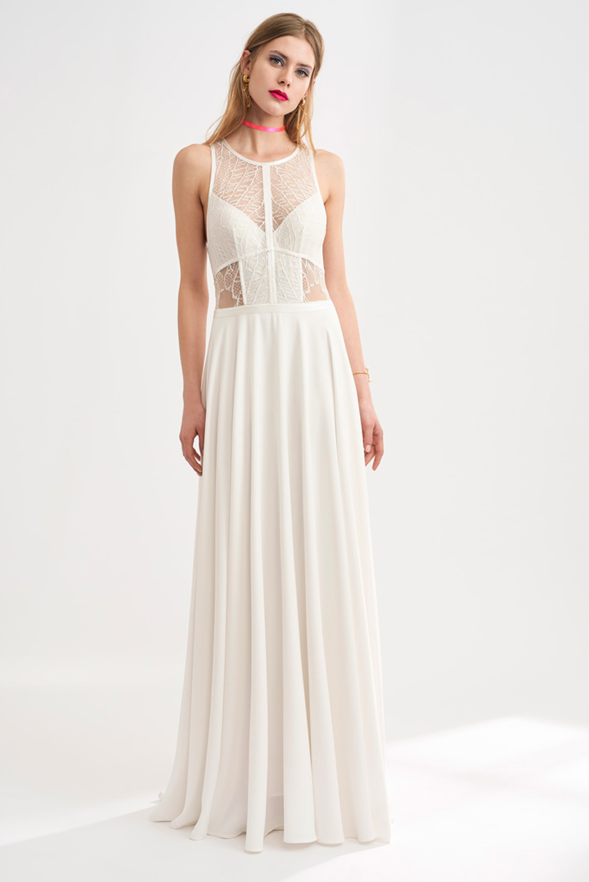 Rembo Styling High Illusion Lace Neckline with Low Cutout Back Wedding