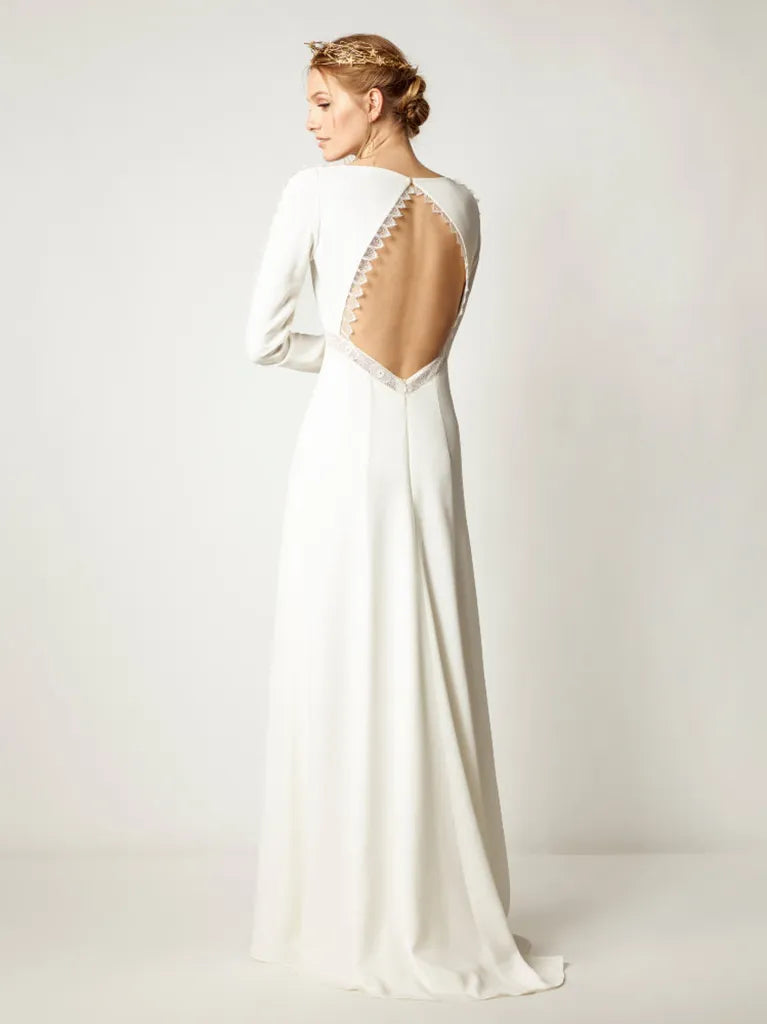 Rembo Styling High Off the Shoulder Crepe Wedding Dress Low Back -  #Suzanne