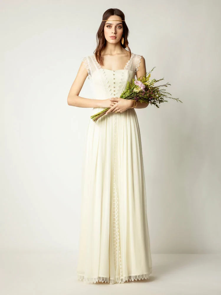 Rembo Styling Cream Silk Empire Line Wedding Dress with Lace - #Jacky