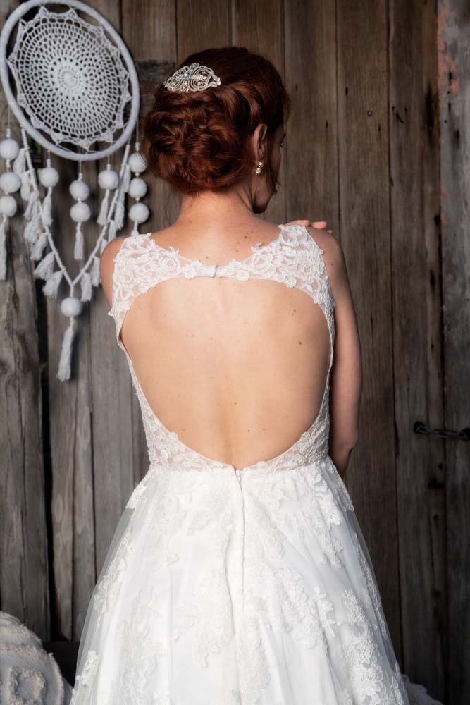 A Line Lace V Neckline with Keyhole Low Back Wedding Dresses Online - #1214A
