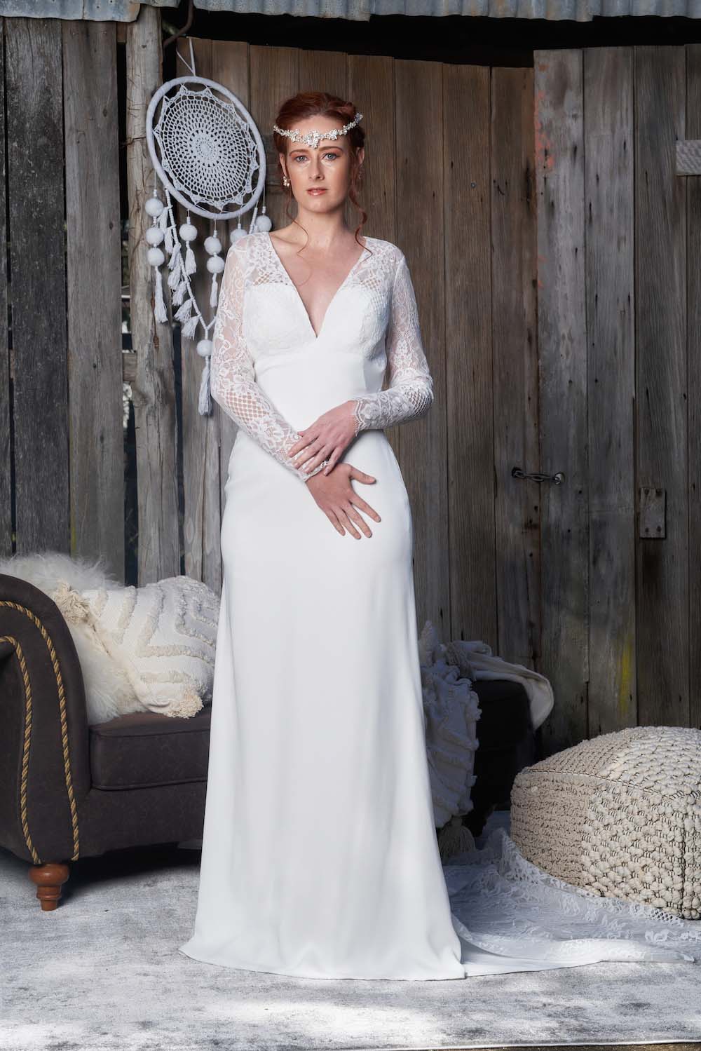 V Neckline Crepe Fit & Flair Dress with Lace Long Sleeves Wedding Dres V Neckline Crepe Fit & Flair Dress with Lace Long Sleeves Wedding Dres