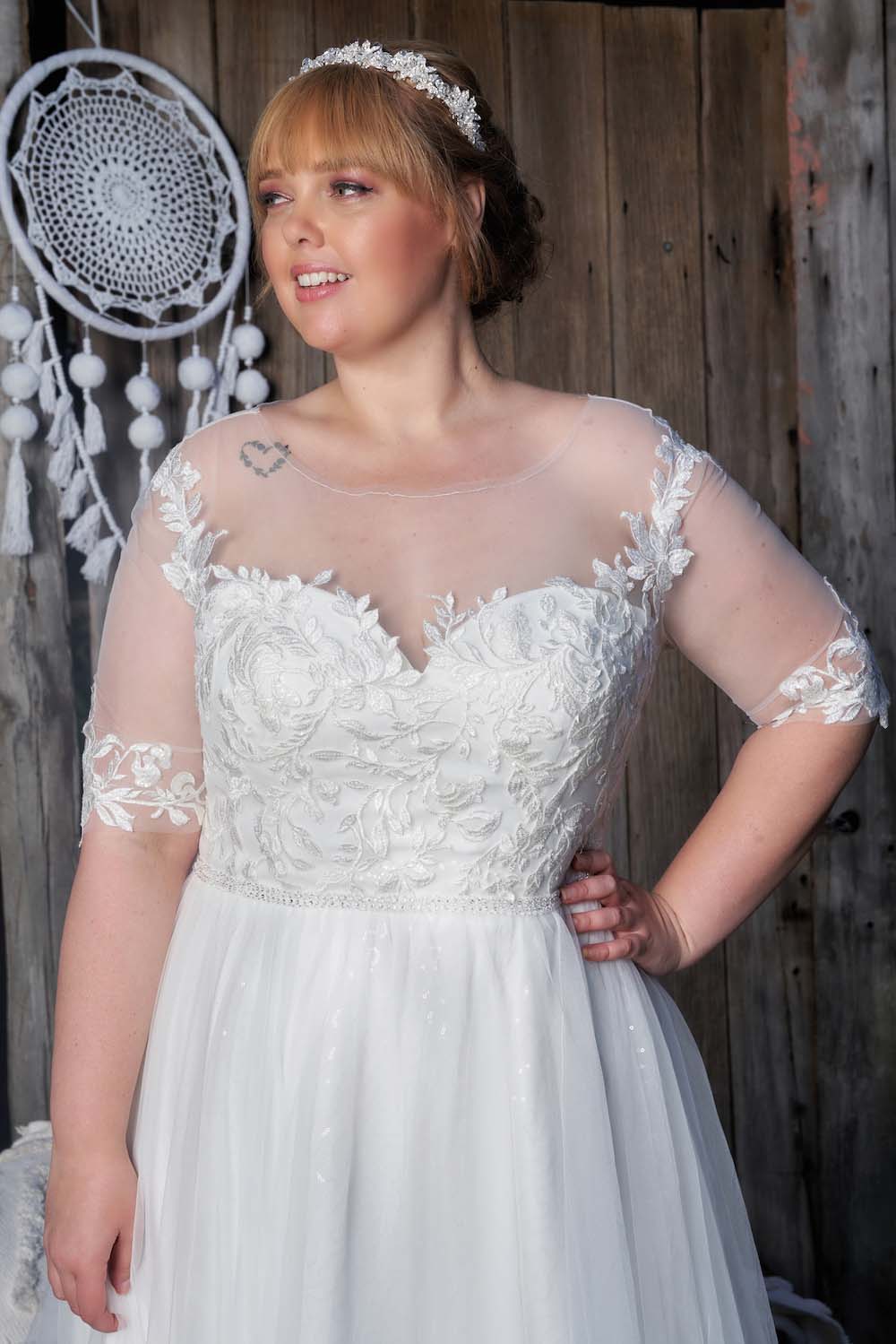 Plus Size Illusion Neckline with Elbow Length Sleeves Bridal Gown Size 20 - #SS 1353