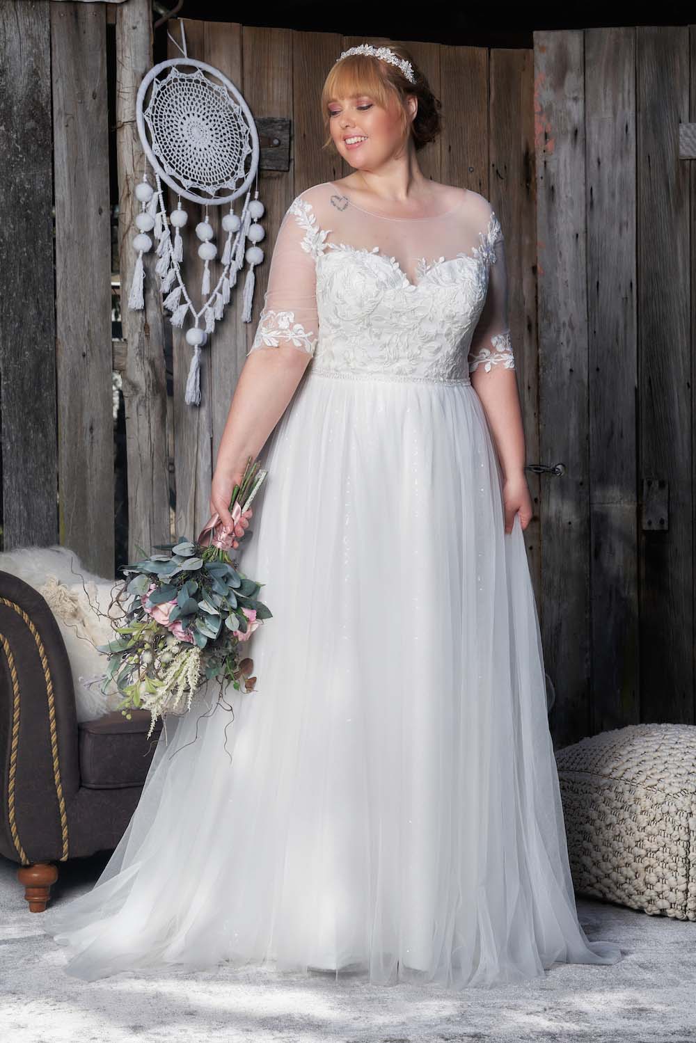Plus Size Illusion Neckline with Elbow Length Sleeves Bridal Gown Size 20 - #SS 1353