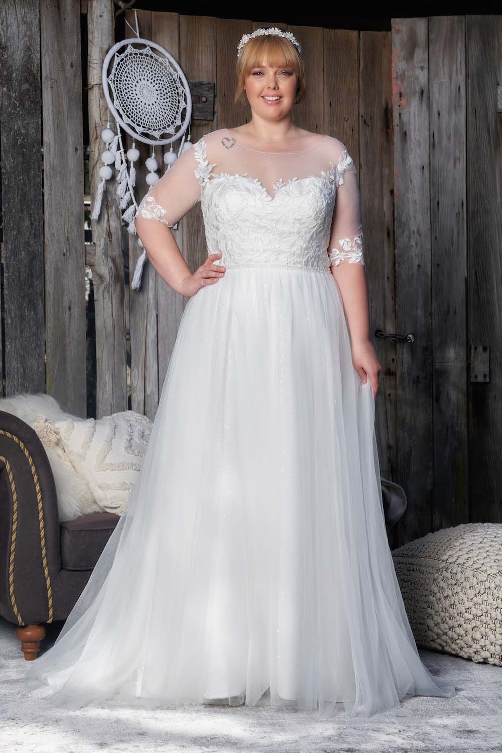 Plus Size Illusion Neckline with Elbow Length Sleeves Bridal Gown Size