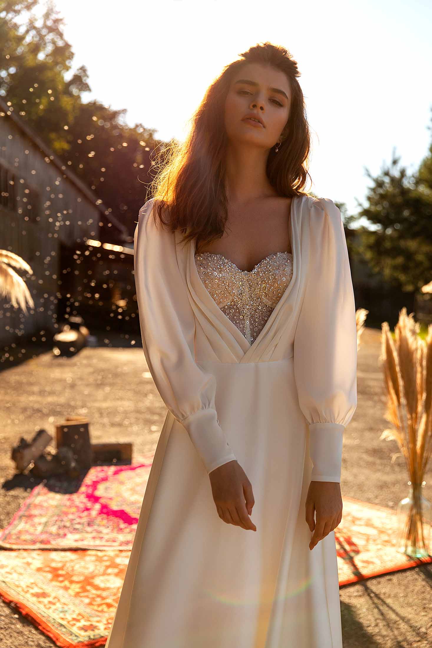 Made To Order #December - Beaded Sweetheart Neckline with Crepe V Neck and soft A-Line Bridal Gown