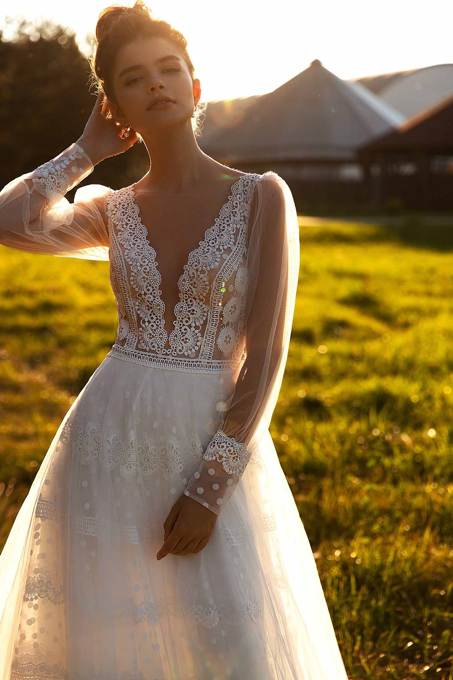 Mate To Order #Carla - Long Tulle Sleeve with Lace Cuff, Soft A-Line Design with Illusion Bodice Boho Bridal Gown