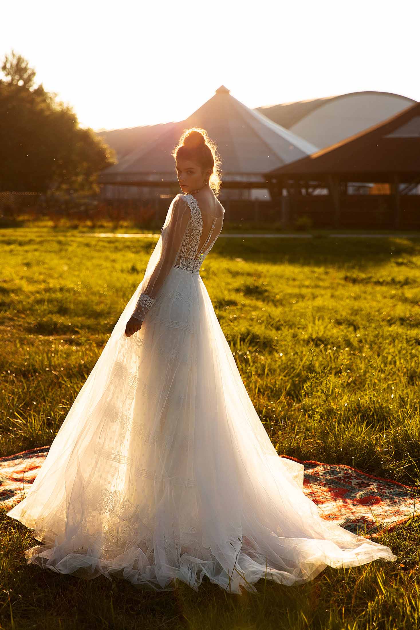 Mate To Order #Carla - Long Tulle Sleeve with Lace Cuff, Soft A-Line Design with Illusion Bodice Boho Bridal Gown