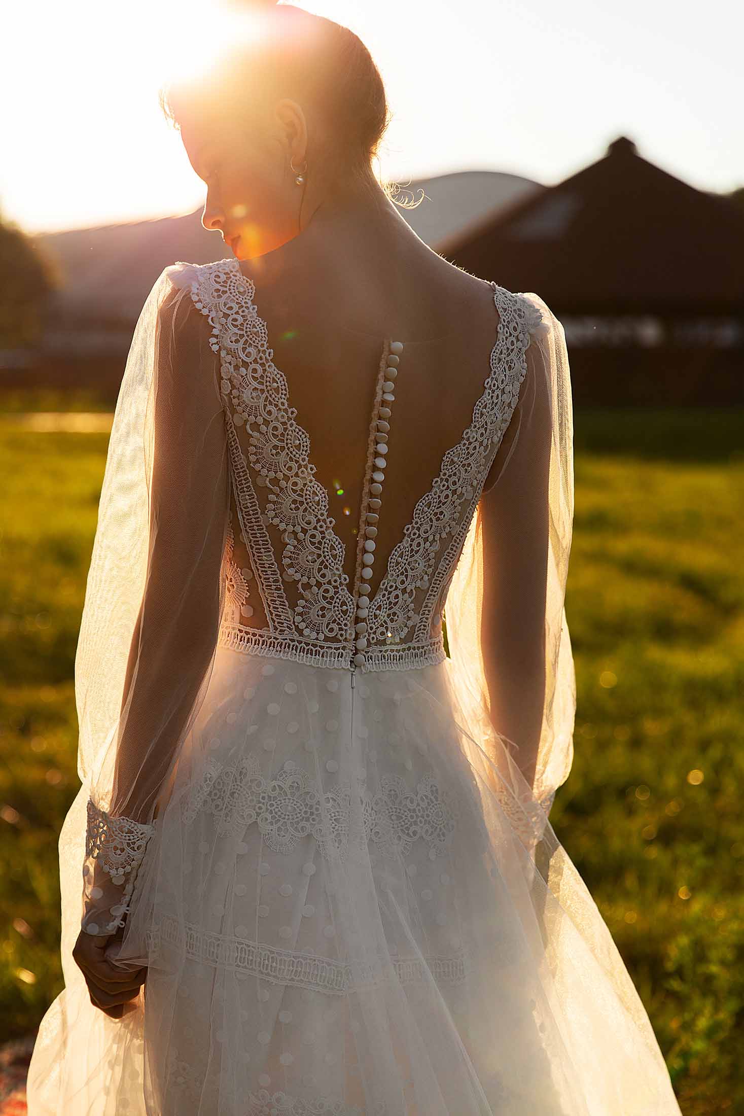 Mate To Order #Carla - Long Tulle Sleeve with Lace Cuff, Soft A-Line Design with Illusion Bodice Boho Bridal Gown