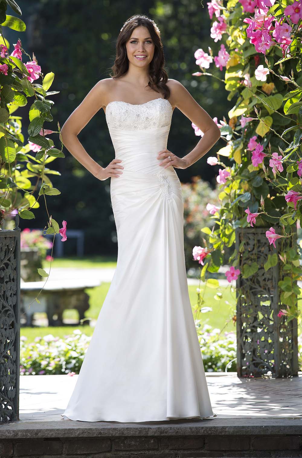 beaded bodice wedding dress Satin Smile Neckline Strapless Beaded Bodice Wedding Dresses Online -