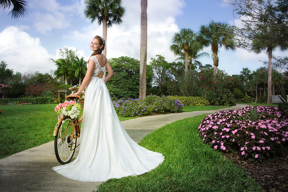 *NEW* Butterfly Lace Back with Shoulder Point Lace Illusion Neckline, Gathered Chiffon A-Line Bridal Gown - #6116