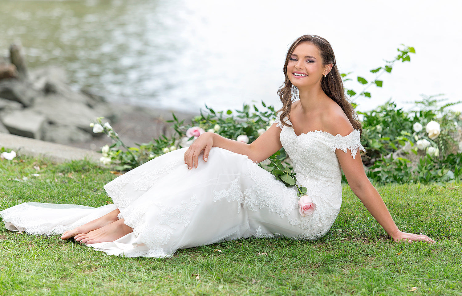 *NEW* Satin with Lace Mermaid Style Off the Shoulder Straps Size 14 Wedding Dress - #6155