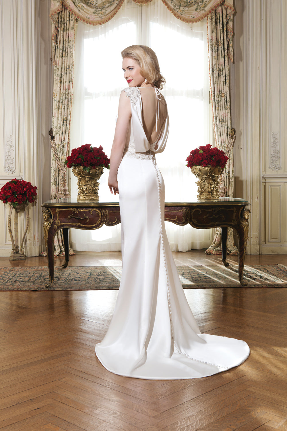 *NEW* Justin Alexander Silk Satin High Neckline with Low Back with Cowls Trumpet Style - #8764