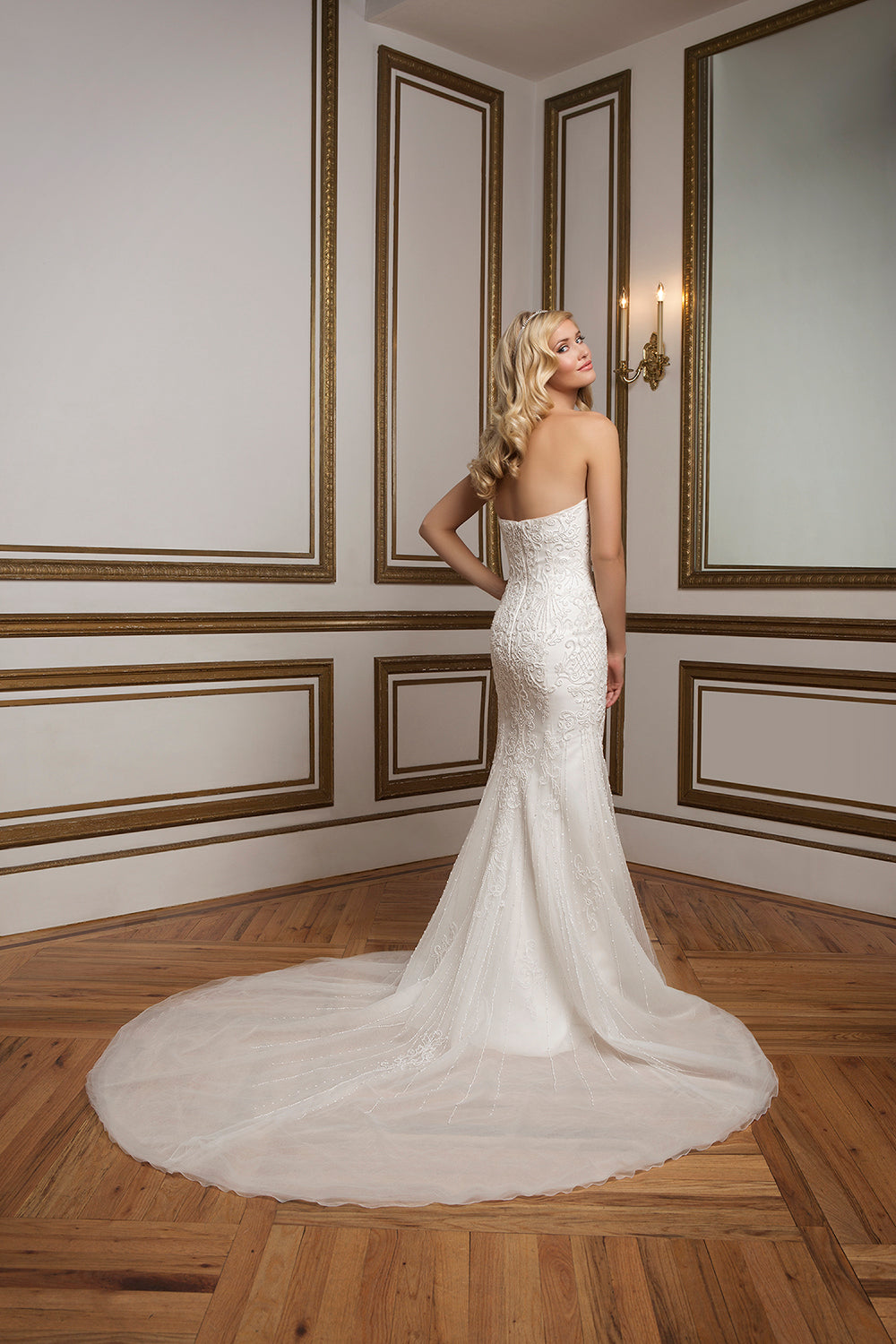 *NEW* Justin Alexander Strapless Beaded Lace Fit & Flair with Soft Baby Tulle Overlay - #8826