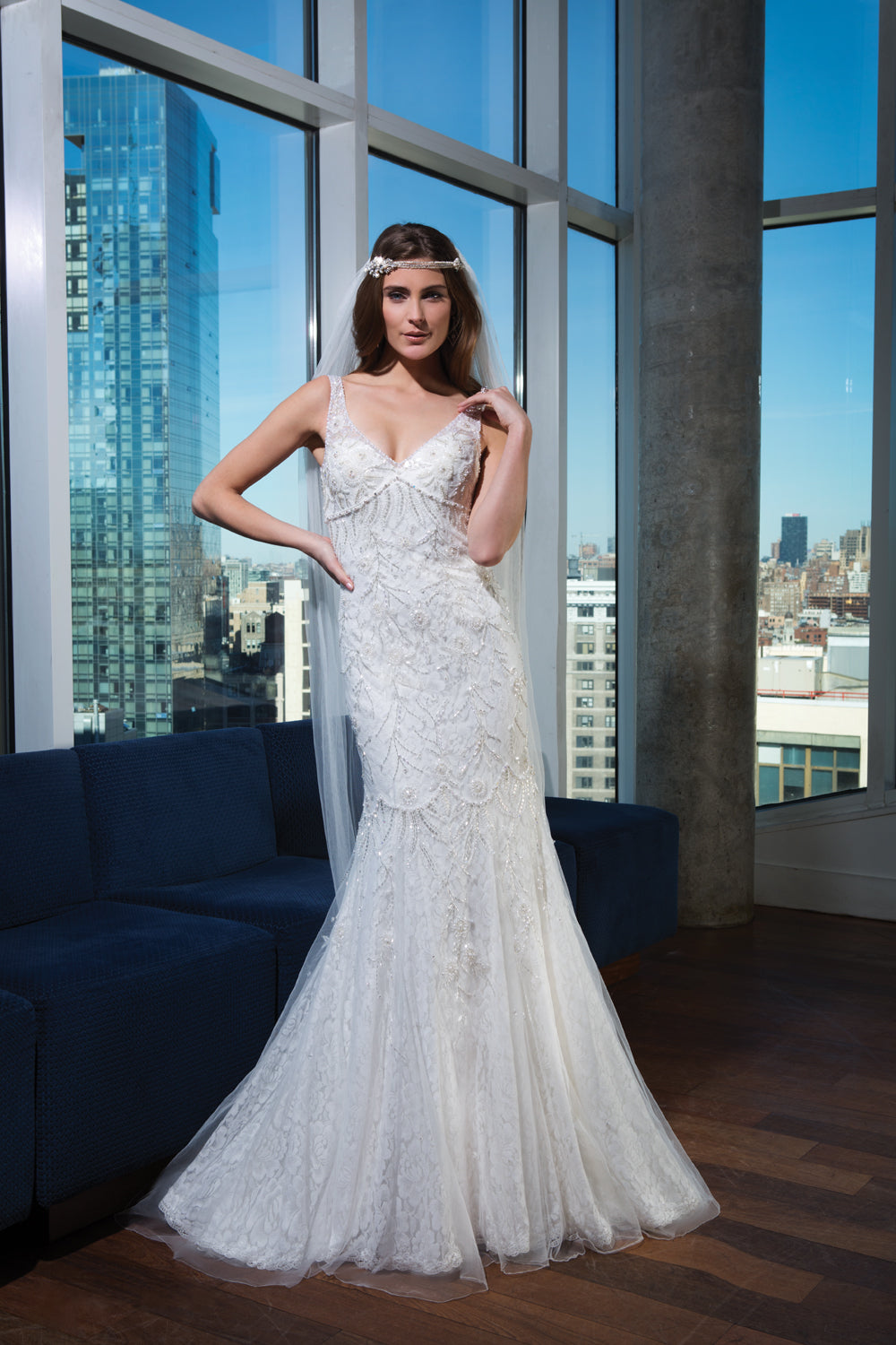 *NEW* Justin Alexander Signature V Neckline Beaded Soft Fit & Flair - #9745