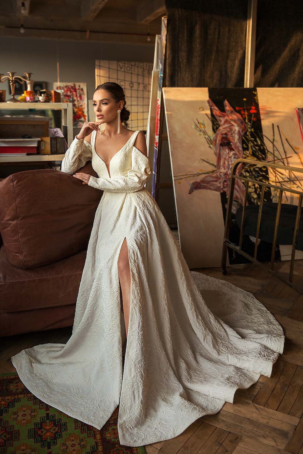 Made To Order #Gabbi - Ivory Brocade Drop Sleeves V Neckline with A-Li Made To Order #Gabbi - Ivory Brocade Drop Sleeves V Neckline with A-Li