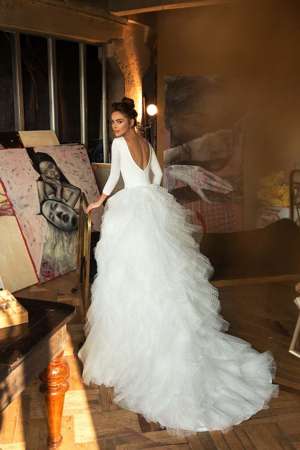 Made To Order #Lia - Crepe Bodice with Shoulder Point Neckline & Long Sleeves, Tiered Tulle & Lace Skirt