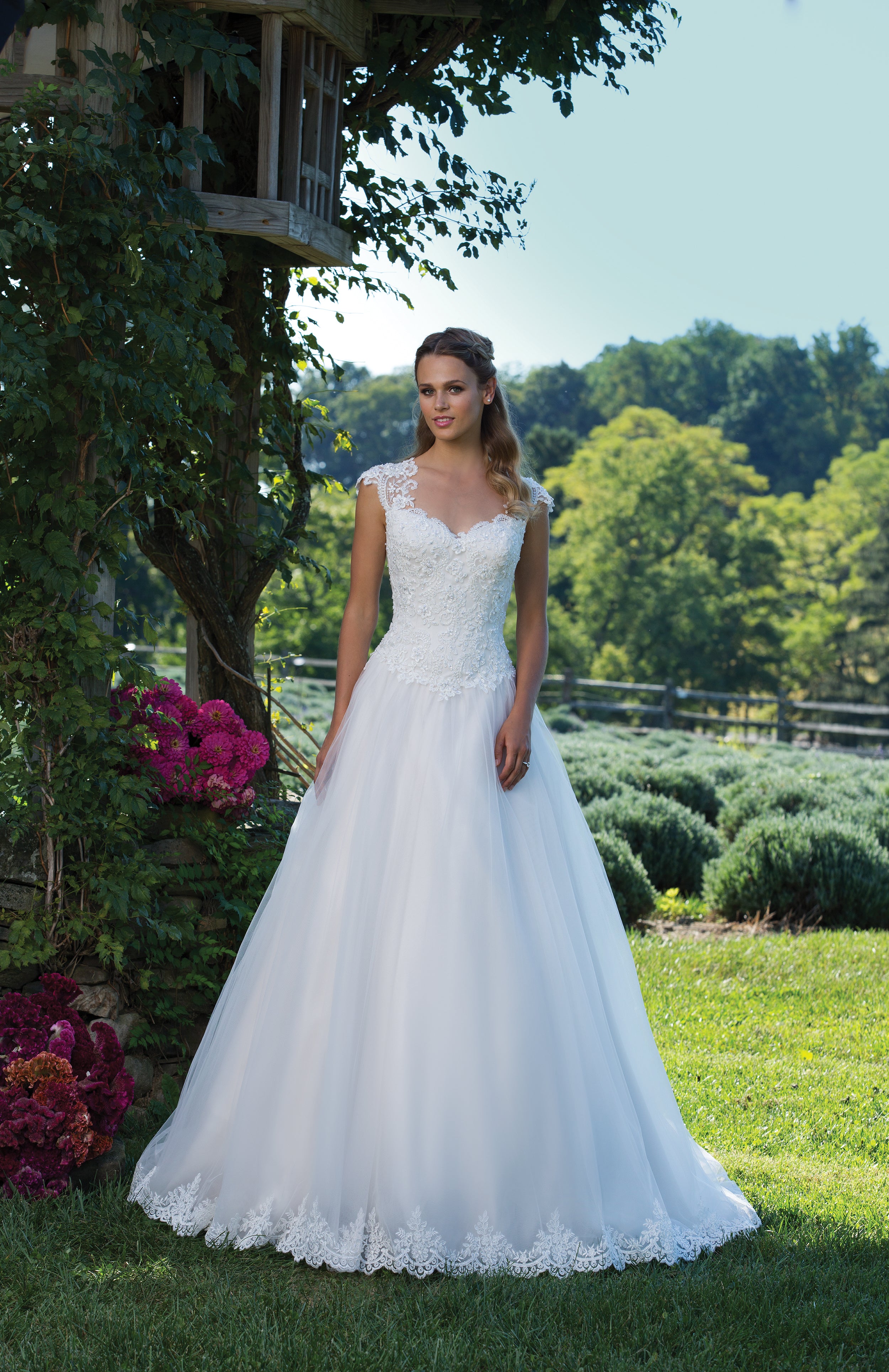 Plus Size Tulle Ball Gown with Lace Bodice and Hem with Illusion Back