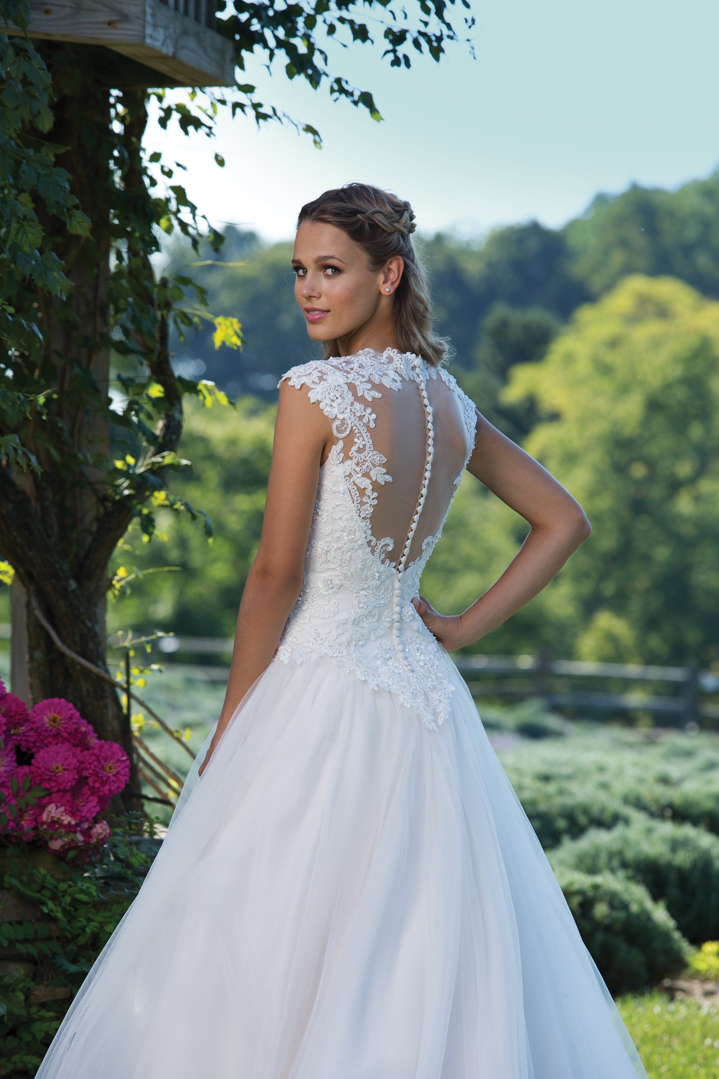 Plus Size Tulle Ball Gown with Lace Bodice and Hem with Illusion Back -  #3982